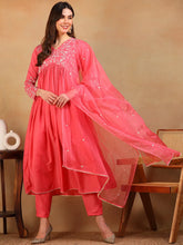 Women Pink Silk Blend Embroidered A-Line Kurta Pant Set With Dupatta