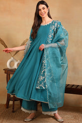 Blue Silk Blend Solid Embroidered Flared Suit Set PKSKD2127