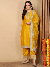 Women Yellow Silk Blend Embroidered Straight Kurta Pant Set With Dupatta-PKSKD2133