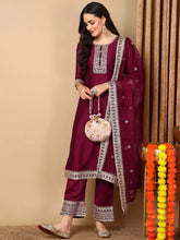 Women Maroon Silk Blend Embroidered Straight Kurta Pant Set With Dupatta-PKSKD2134