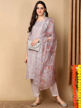 Women Grey Organza Embroidered Straight Kurta Pant Set With Dupatta-PKSKD2135