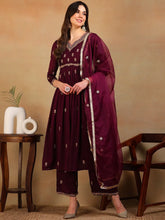 Women Purple Silk Blend Embroidered A-Line Kurta Pant Set With Dupatta
