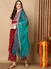 Women Red Silk Blend Yoke Design Anarkali Kurta Pant Set With Dupatta