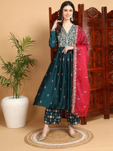 Women Green Silk Blend Yoke Design A-Line Kurta Pant Set With Dupatta