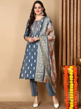 Women Blue Silk Blend Embroidered Straight Kurta Pant Set With Dupatta-PKSKD2160