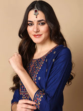 Women Navy Blue Silk Blend Embroidered Straight Kurta Pant Set With Dupatta-PKSKD2162