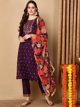 Women Purple Silk Blend Embroidered Straight Kurta Pant Set With Dupatta-PKSKD2163