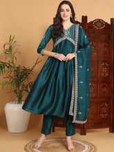 Women Green Silk Blend Embroidered A-Line Kurta Pant Set With Dupatta