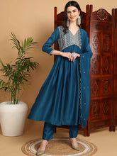 Women Blue Silk Blend Embroidered A-Line Kurta Pant Set With Dupatta