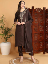 Women Brown Silk Blend Embroidered Straight Kurta Pant Set With Dupatta