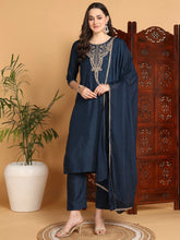 Women Blue Silk Blend Embroidered Straight Kurta Pant Set With Dupatta-PKSKD2176