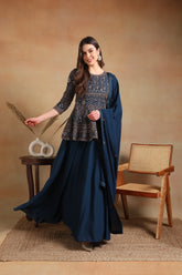 Women Teal Poly Georgette Embroidered A-Line Kurta Skirt Set With Dupatta-PKSKD2177A