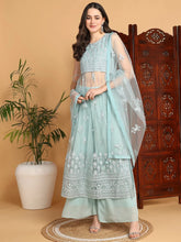 Women Sea Green Net Embroidered Straight Kurta Sharara Set With Dupatta