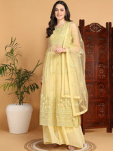 Women Yellow Net Embroidered Straight Kurta Sharara Set With Dupatta