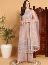Women Nude Net Embroidered Straight Kurta Sharara Set With Dupatta