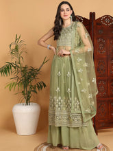 Women Green Net Embroidered Straight Kurta Sharara Set With Dupatta