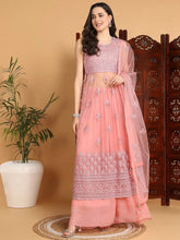 Women Pink Net Embroidered Straight Kurta Sharara Set With Dupatta