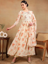 Women Off White Georgette Printed Anarkali Kurta Pant Set With Dupatta