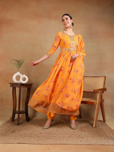 Women Orange Georgette Printed Anarkali Kurta Pant Set With Dupatta