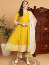 Women Yellow Silk Blend Embroidered Anarkali Kurta Pant Set With Dupatta-PKSKD2193