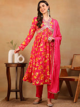 Women Pink Poly Georgette Printed A-Line Kurta Pant Set With Dupatta