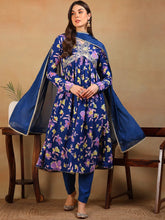 Women Blue Poly Georgette Printed A-Line Kurta Pant Set With Dupatta