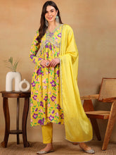 Women Yellow Poly Georgette Printed A-Line Kurta Pant Set With Dupatta