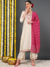Women Off White Silk Blend Yoke Design Straight Kurta Pant Set With Dupatta
