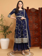 Women Navy Blue Georgette Embroidered Straight Kurta Palazzo Set With Dupatta