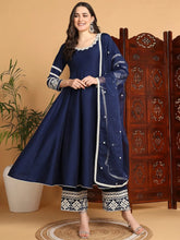Women Navy Blue Silk Blend Embroidered Anarkali Kurta Palazzo Set With Dupatta