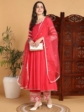 Women Pink Silk Blend Embroidered Anarkali Kurta Palazzo Set With Dupatta