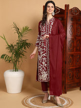 Women Maroon Silk Blend Embroidered Straight Kurta Pant Set With Dupatta-PKSKD2215