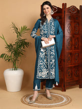 Women Teal Silk Blend Embroidered Straight Kurta Pant Set With Dupatta-PKSKD2216