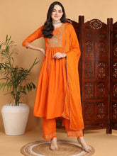 Women Orange Cotton Blend Yoke Design A-Line Kurta Pant Set With Dupatta