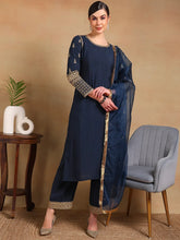 Women Teal Silk Blend Embroidered Straight Kurta Pant Set With Dupatta-PKSKD2229