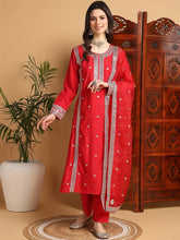Women Red Silk Blend Solid Embroidered Straight Kurta Trouser With Dupatta