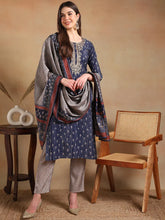 Women Navy Blue Silk Blend Embroidered Straight Kurta Pant Set With Dupatta-PKSKD2236