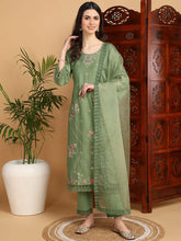 Women Green Silk Blend Embroidered Straight Kurta Pant Set With Dupatta-PKSKD2238