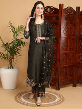 Women Olive Silk Blend Embroidered Straight Kurta Pant Set With Dupatta-PKSKD2239