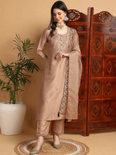 Women Beige Silk Blend Floral Embroidered Straight Kurta Trouser With Dupatta