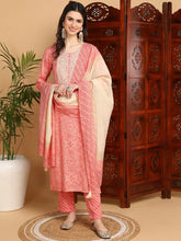 Women Peach Viscose Rayon Printed Straight Kurta Pant Set With Dupatta
