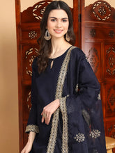 Women Navy Blue Silk Blend Solid Straight Kurta Palazzo Set With Dupatta