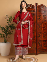 Women Maroon Silk Blend Solid Solid Straight Kurta Palazzo With Dupatta