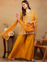 Women Mustard Georgette Embroidered A-Line Kurta Palazzo Set With Dupatta