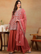 Women Mauve Georgette Embroidered A-Line Kurta Palazzo Set With Dupatta