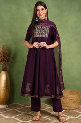Women's Purple Silk Blend Woven Design Embroidered Flared Kurta Trouser With Dupatta PKSKD2255