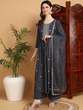 Women Grey Georgette Embroidered Straight Kurta Sharara Set With Dupatta