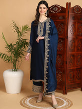 Women Navy Blue Silk Blend Embroidered Straight Kurta Palazzo Set With Dupatta