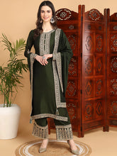 Women Olive Silk Blend Embroidered Straight Kurta Palazzo Set With Dupatta