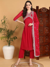 Women Pink Georgette Embroidered A-Line Kurta Pant Set With Dupatta